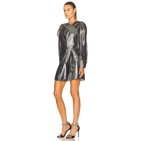 NWT IRO Kinao Silk Mini Dress Silver & Metallic Black Size US 2 France 36 $695 - Picture 2 of 10